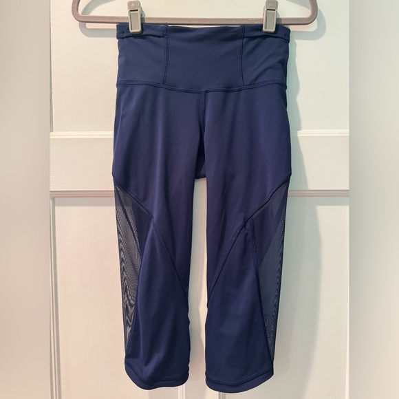 lululemon athletica Pants - Lululemon Run with the Sun Cropped Leggings - Navy, Mesh Cut Outs